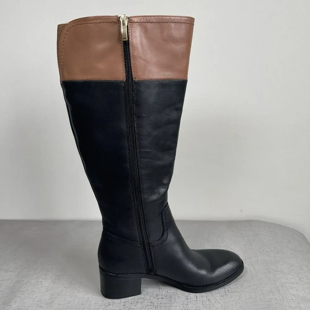 Franco Sarto Women's Black Brown Leather Tall‎ Riding Boots 7.5 Wide Calf